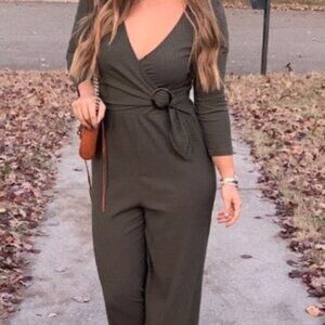 Green Wrap Top, Wide Leg Jumpsuit